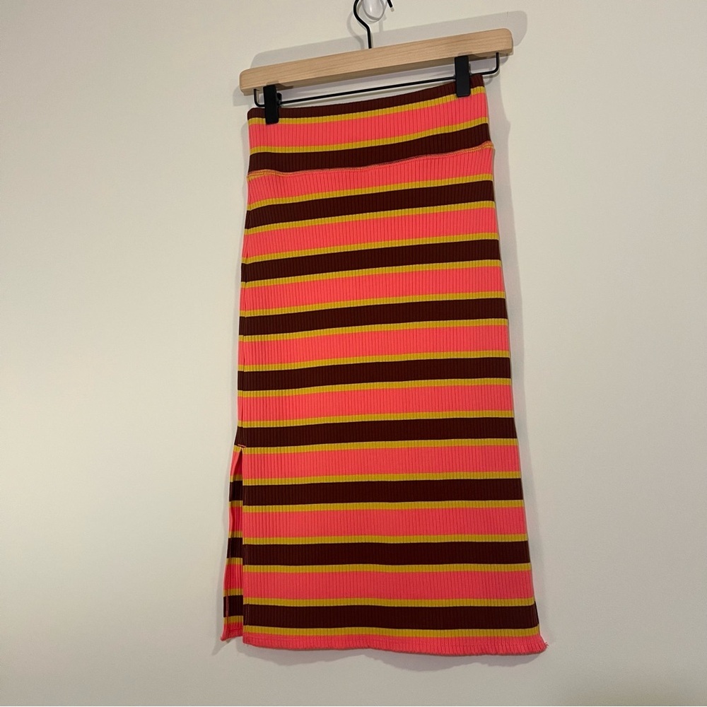 Aerie Striped Midi Pencil Skirt Ribbed Pink Side Slit Summer Funky Retro, XS